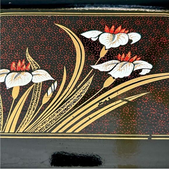 Vintage Floral Oriental Black Tray With Handles Rustic Ottoman Tabletop Storage - Picture 3 of 8